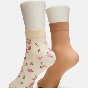 2-pack tunna ankelstrumpor med blommönster, vanilj